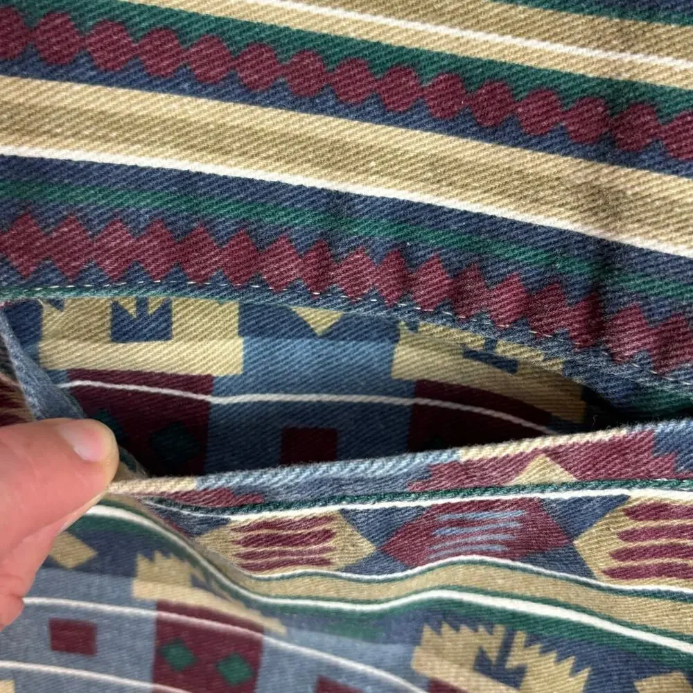 Vintage 90s Cotton Denim Jacket Aztec Tribal Southwestern Boho Jean USA Vivaldi